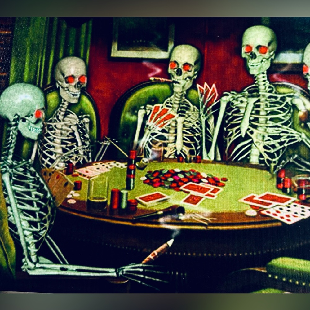 7 piece Devils’ poker party decor bundle Zombie Card Deck & skeleton art canvas
